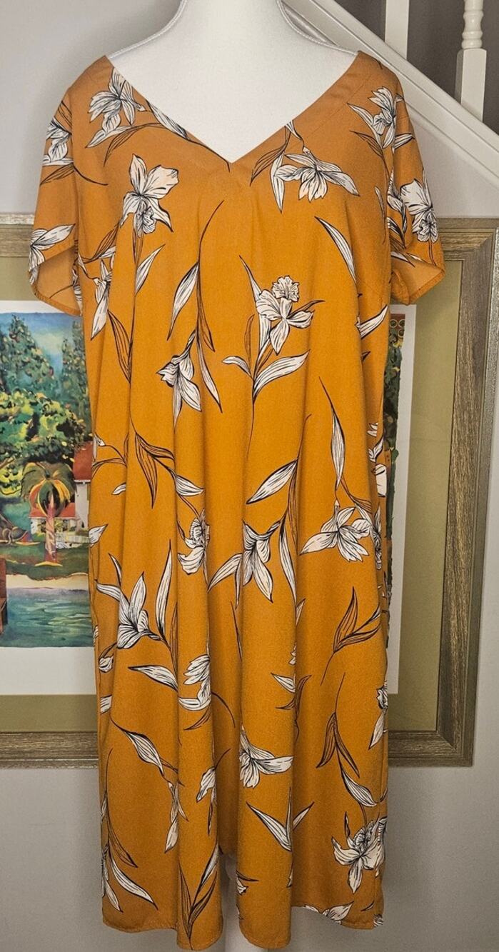 a new day Mustard/Burnt Orange Shift Dress V-neck Loose Comfy -L- 42B 40L -13